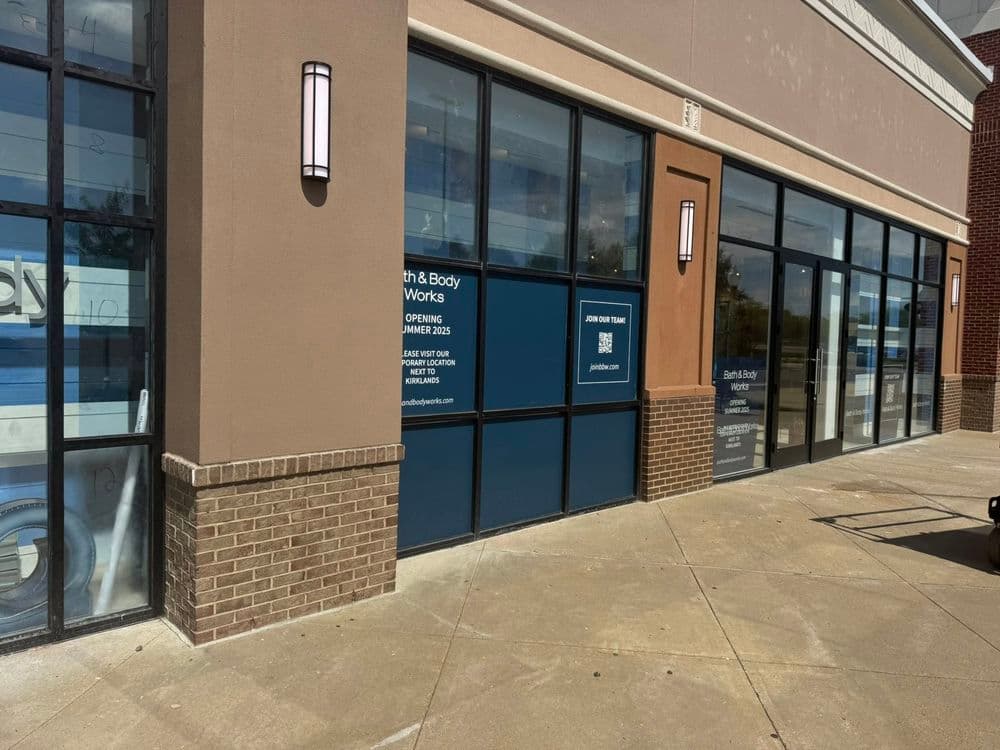 New Bath & Body Works storefront with signage announcing upcoming opening date.